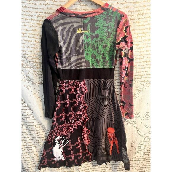 Vintage Desigual V-Neck Multicolored Multi Pattern Graffiti Size M Womens Dress - Picture 8 of 12